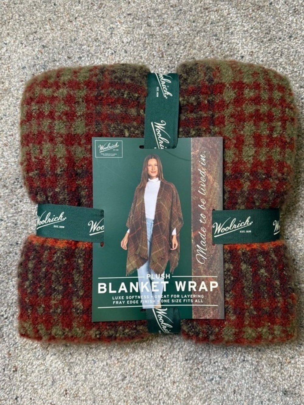Woolrich Plaid Plush Blanket Wrap in Olive & Rust